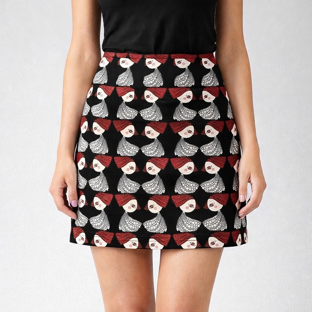 YCOO Paris Embroidered Face Print Mini Skirt Arty Graphic Avant-Garde Skirt Sz L